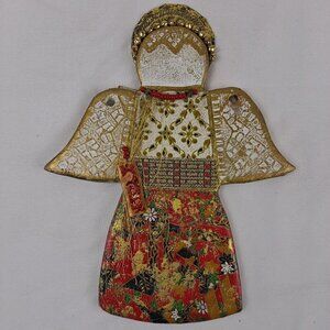 Handmade Clay Pottery Golden Angel Plaque Bead Embellishments Artist Signed